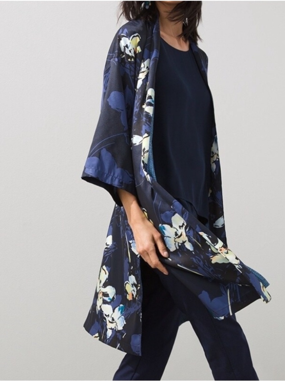 Chico’s Blue Floral Open Front Long Line Kimono Duster L/XL